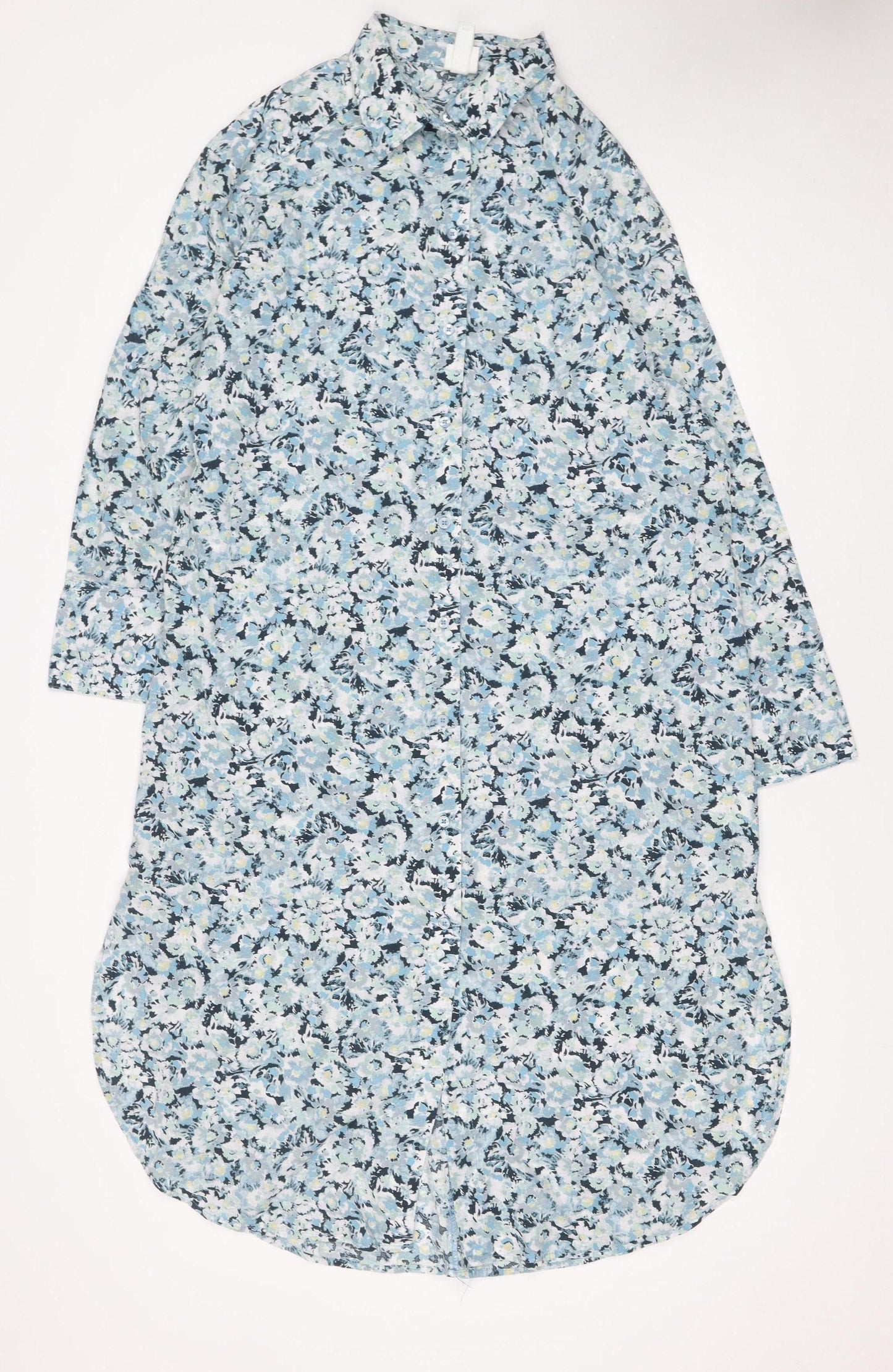 H&M Women Blue Floral Cotton Long Sleeve Shirt Dress Size S