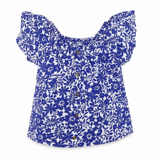 Front view of F&F Women Blue Floral Off Shoulder Cotton Blouse UK 8