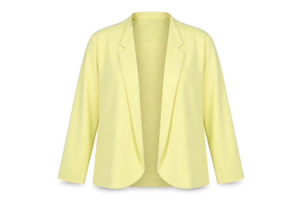 Front view of Gerard Women’s Yellow Blazer, size UK 22, Open Front Stretch Jacket