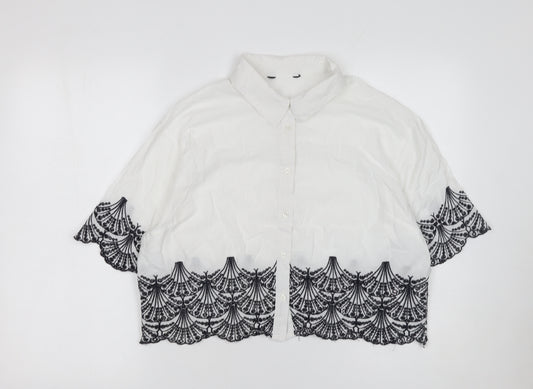 New Look Women White Black Embroidered Cropped Button-Up Blouse UK14