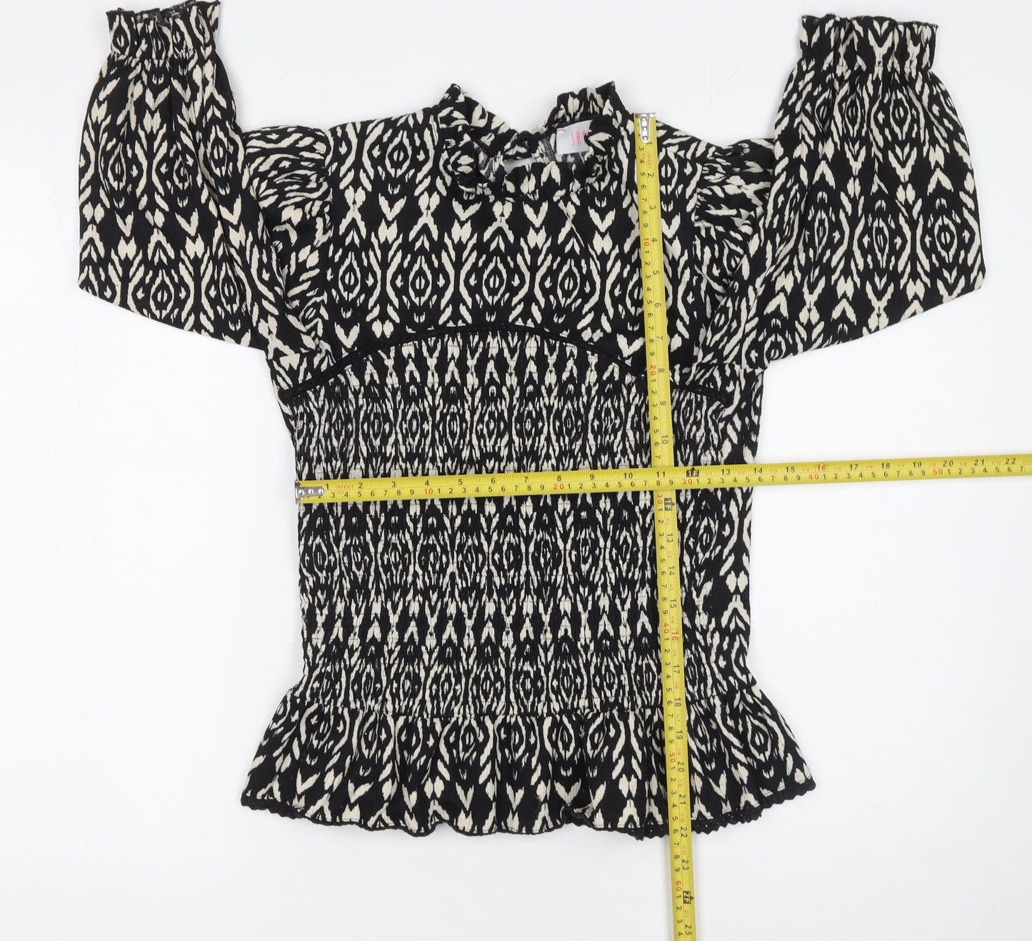 Savida Women's Black Geometric Ruffle Tunic Blouse Size 12