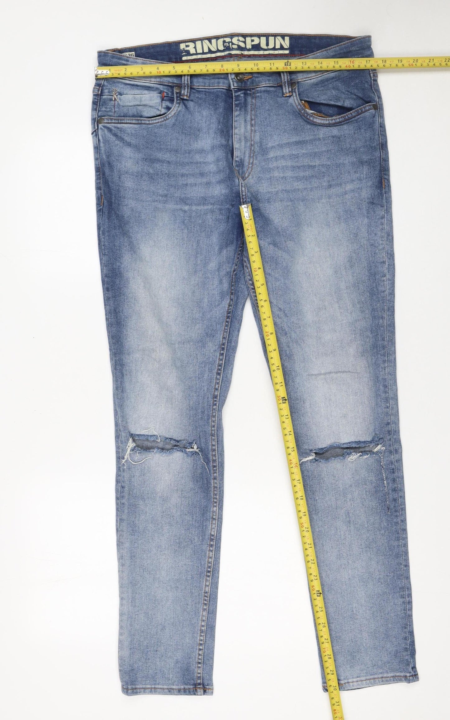 Ringspun Men's Blue Skinny Distressed Stretch Denim Jeans W36 L32