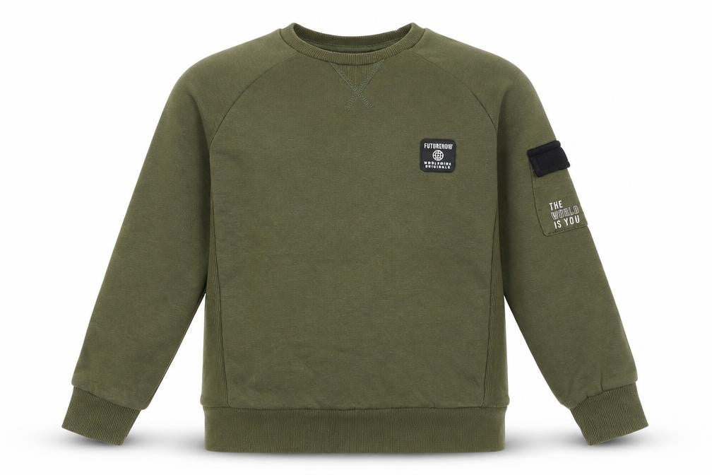 Front view of Primark boys’ green pullover sweatshirt 9-10 years crew neck graphic print