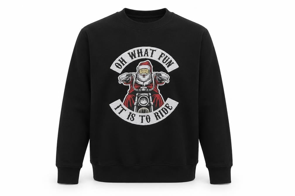 Front view of AWDis Men's Black Santa Biker Christmas Sweatshirt M