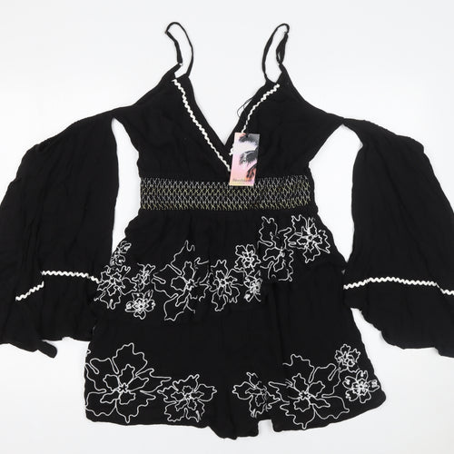 River Island Women's Black Embroidered Playsuit Size M Viscose Lace Trim