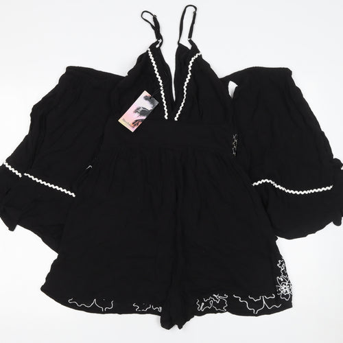 River Island Women's Black Embroidered Playsuit Size M Viscose Lace Trim