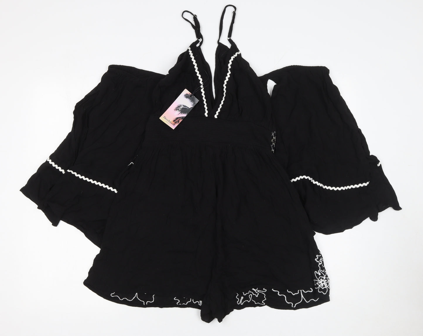 River Island Women's Black Embroidered Playsuit Size M Viscose Lace Trim