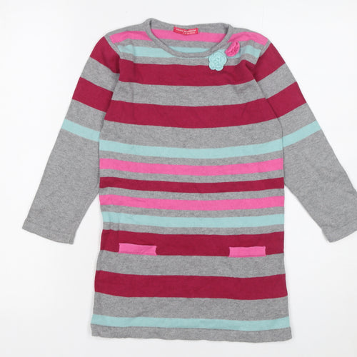 Young Dimension Girls Grey Striped Long Sleeve Cotton Sweater Dress 7-8 Years