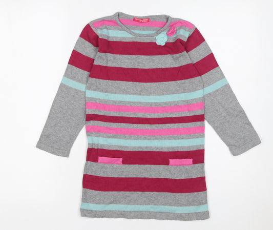 Young Dimension Girls Grey Striped Long Sleeve Cotton Sweater Dress 7-8 Years