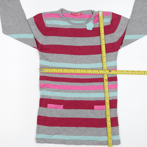 Young Dimension Girls Grey Striped Long Sleeve Cotton Sweater Dress 7-8 Years