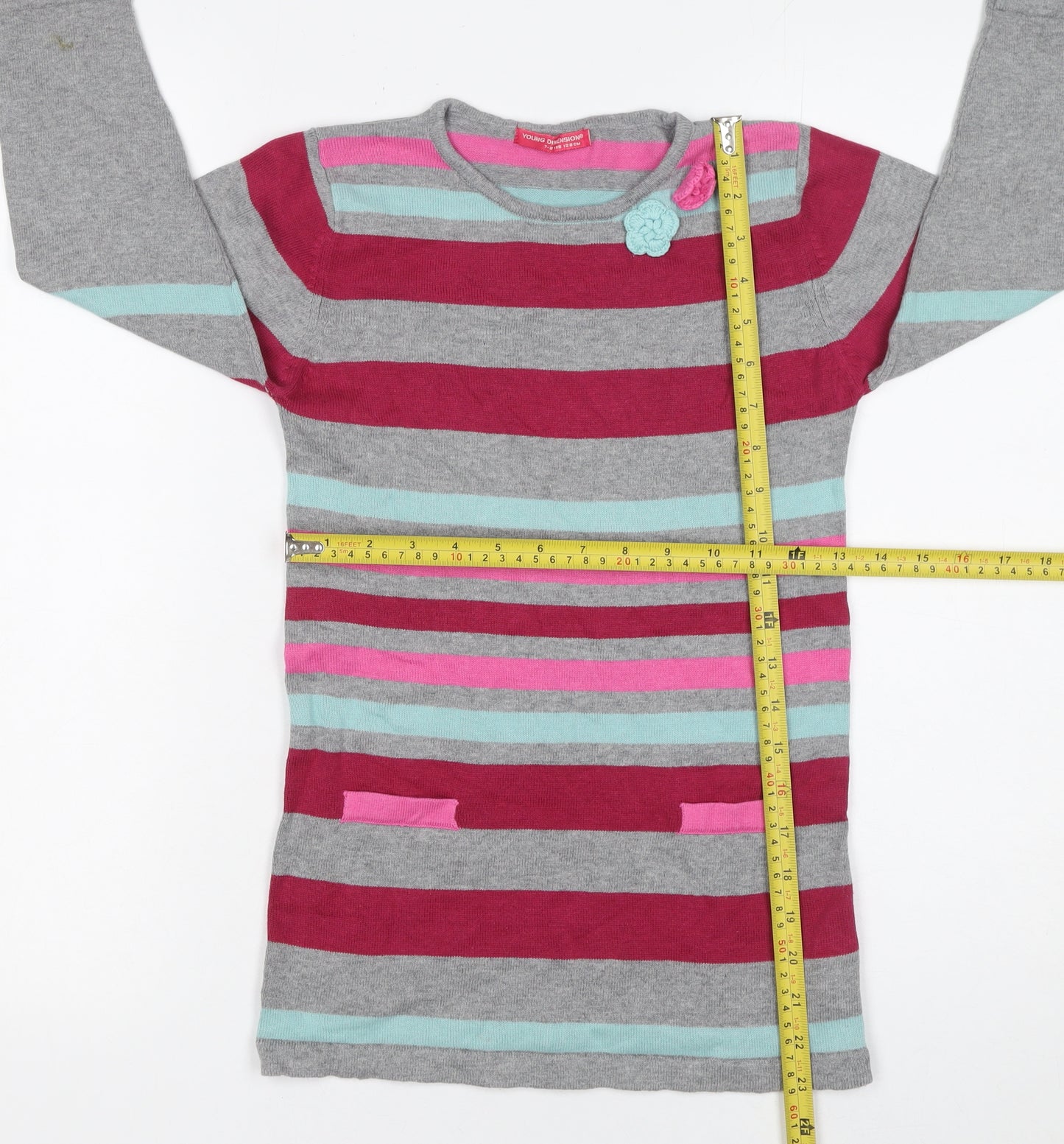 Young Dimension Girls Grey Striped Long Sleeve Cotton Sweater Dress 7-8 Years