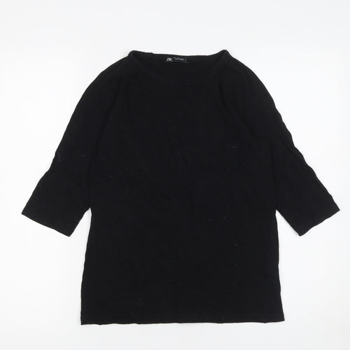 Zara Women Black 3/4 Sleeve Basic Cotton T-Shirt Size S