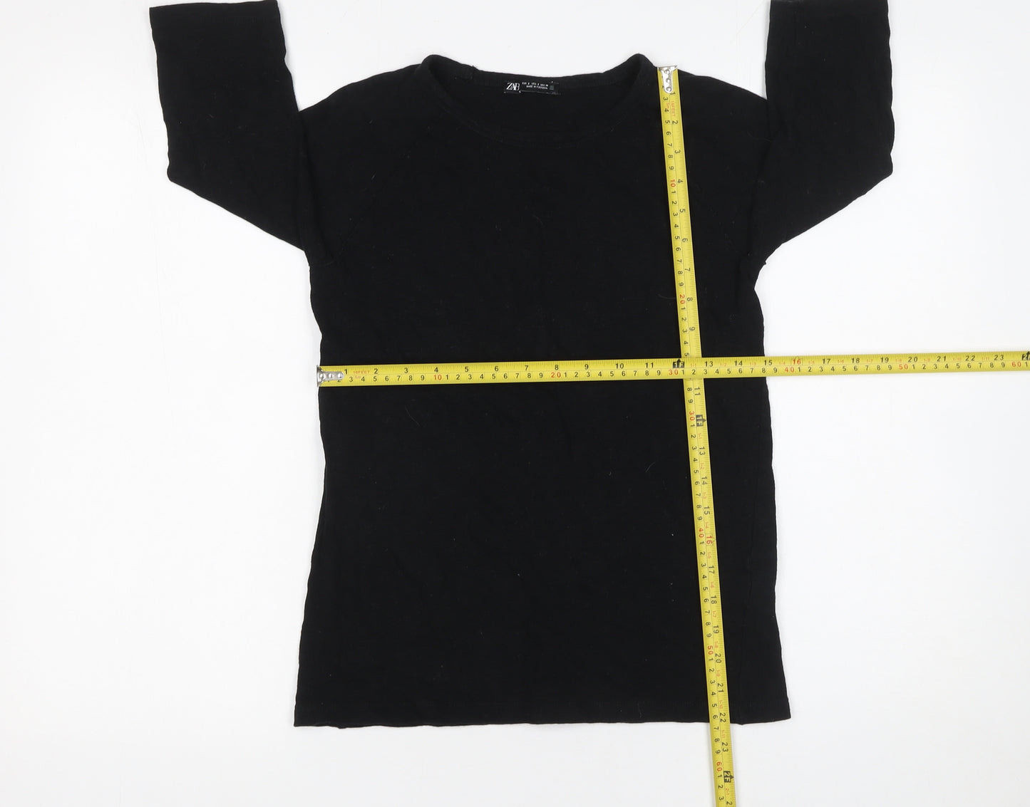 Zara Women Black 3/4 Sleeve Basic Cotton T-Shirt Size S