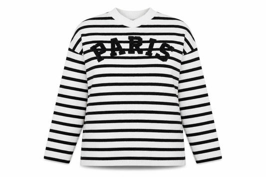 Front view of F&F Women’s Black White Striped Paris Jumper, size S, Long Sleeve