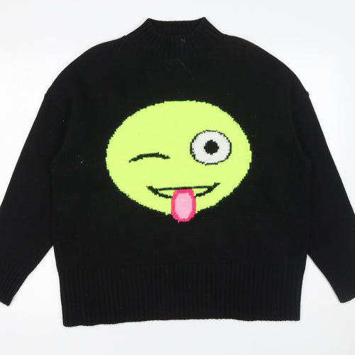 KAOS Jeans Womens Black Mock Neck Funny Face Pullover Jumper Size S