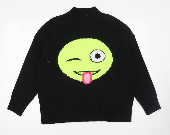 KAOS Jeans Womens Black Mock Neck Funny Face Pullover Jumper Size S