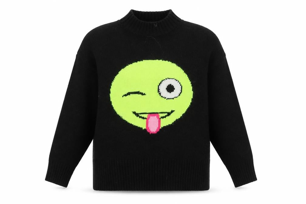 Front view of KAOS Jeans women’s black mock neck funny face jumper, size S