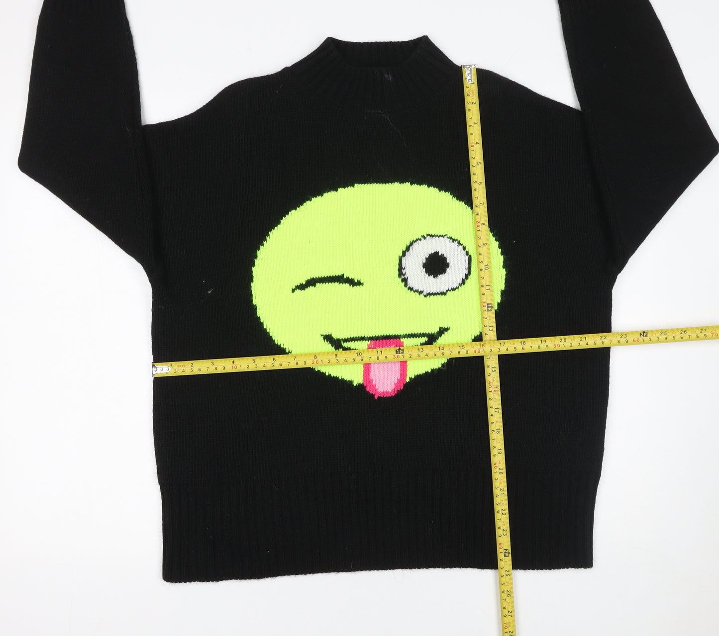 KAOS Jeans Womens Black Mock Neck Funny Face Pullover Jumper Size S