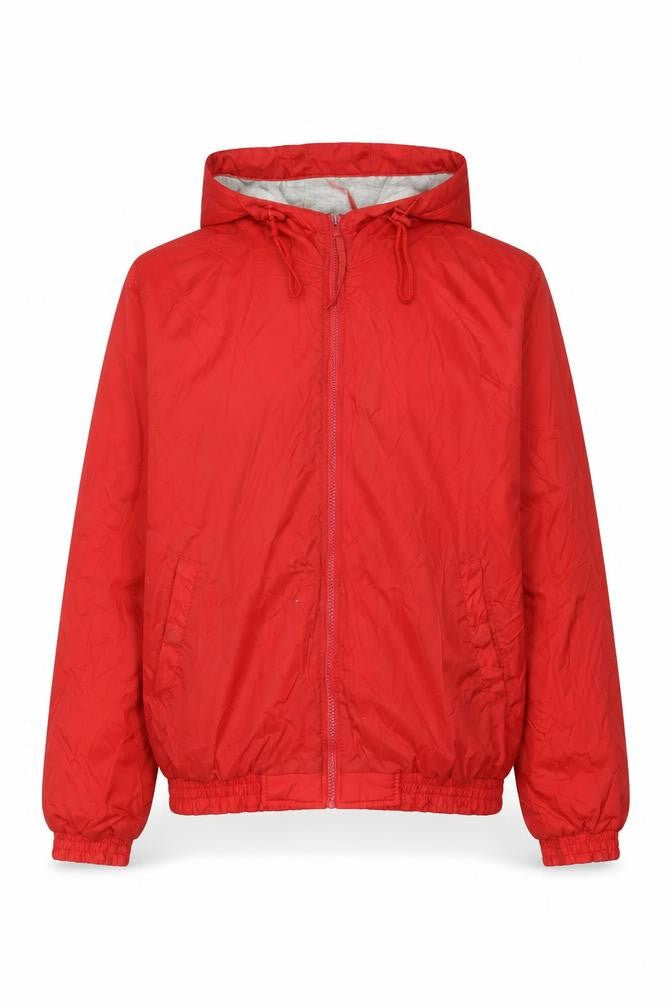 Front view of Colorado Textile men’s red xl hooded windbreaker jacket
