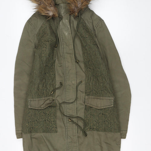 Love Label Women’s Green Hooded Parka Coat Size 8 Faux Fur Trim Lined Cotton Blend