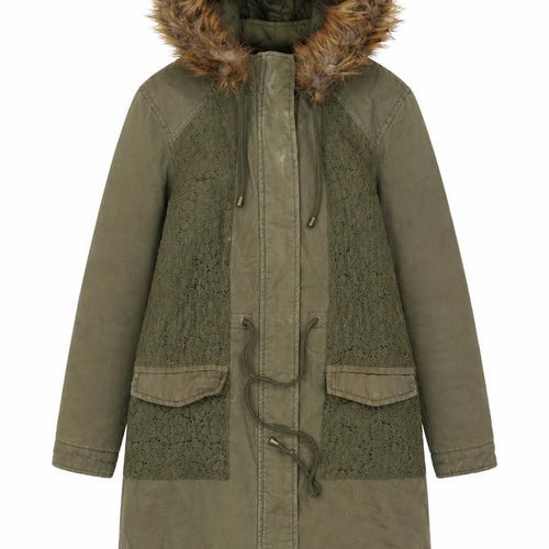 Love Label Women’s Green Hooded Parka Coat Size 8 Faux Fur Trim Lined Cotton Blend