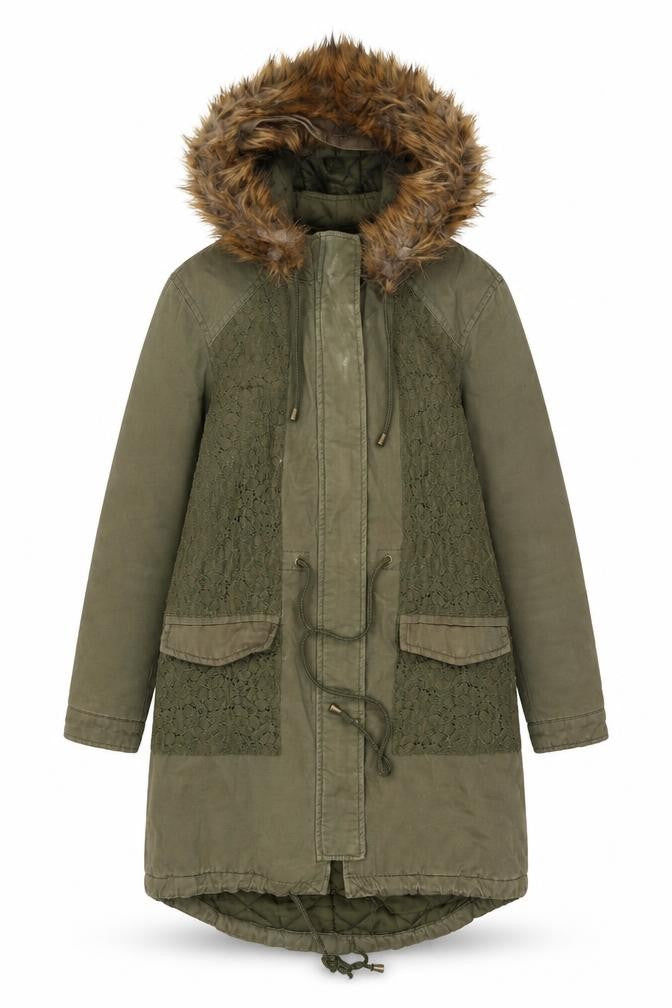 Love Label Women’s Green Hooded Parka Coat Size 8 Faux Fur Trim Lined Cotton Blend