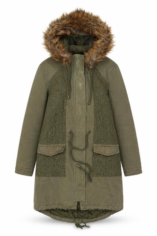 Front view of Love Label Women’s Green Hooded Parka Coat, size UK 8, Faux Fur Trim Lined Cotton Blend