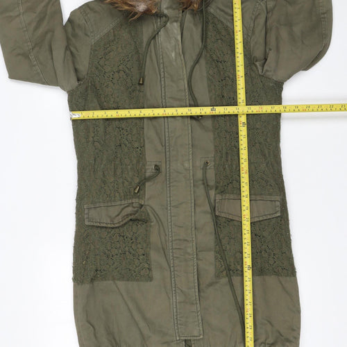 Love Label Women’s Green Hooded Parka Coat Size 8 Faux Fur Trim Lined Cotton Blend