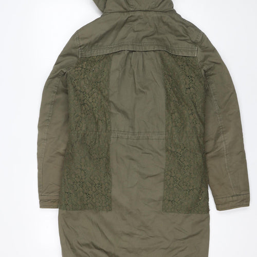 Love Label Women’s Green Hooded Parka Coat Size 8 Faux Fur Trim Lined Cotton Blend
