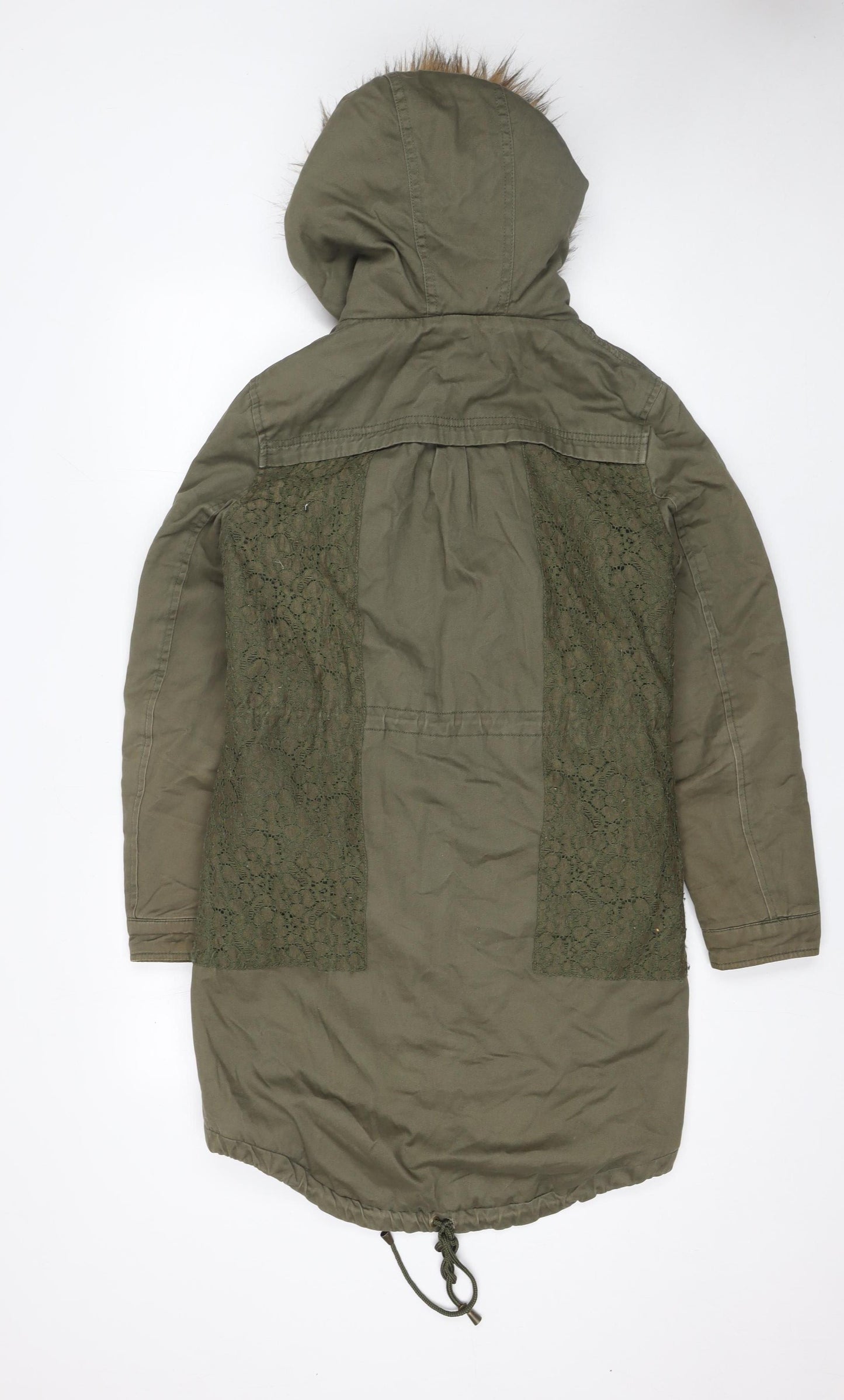 Love Label Women’s Green Hooded Parka Coat Size 8 Faux Fur Trim Lined Cotton Blend