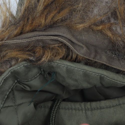 Love Label Women’s Green Hooded Parka Coat Size 8 Faux Fur Trim Lined Cotton Blend