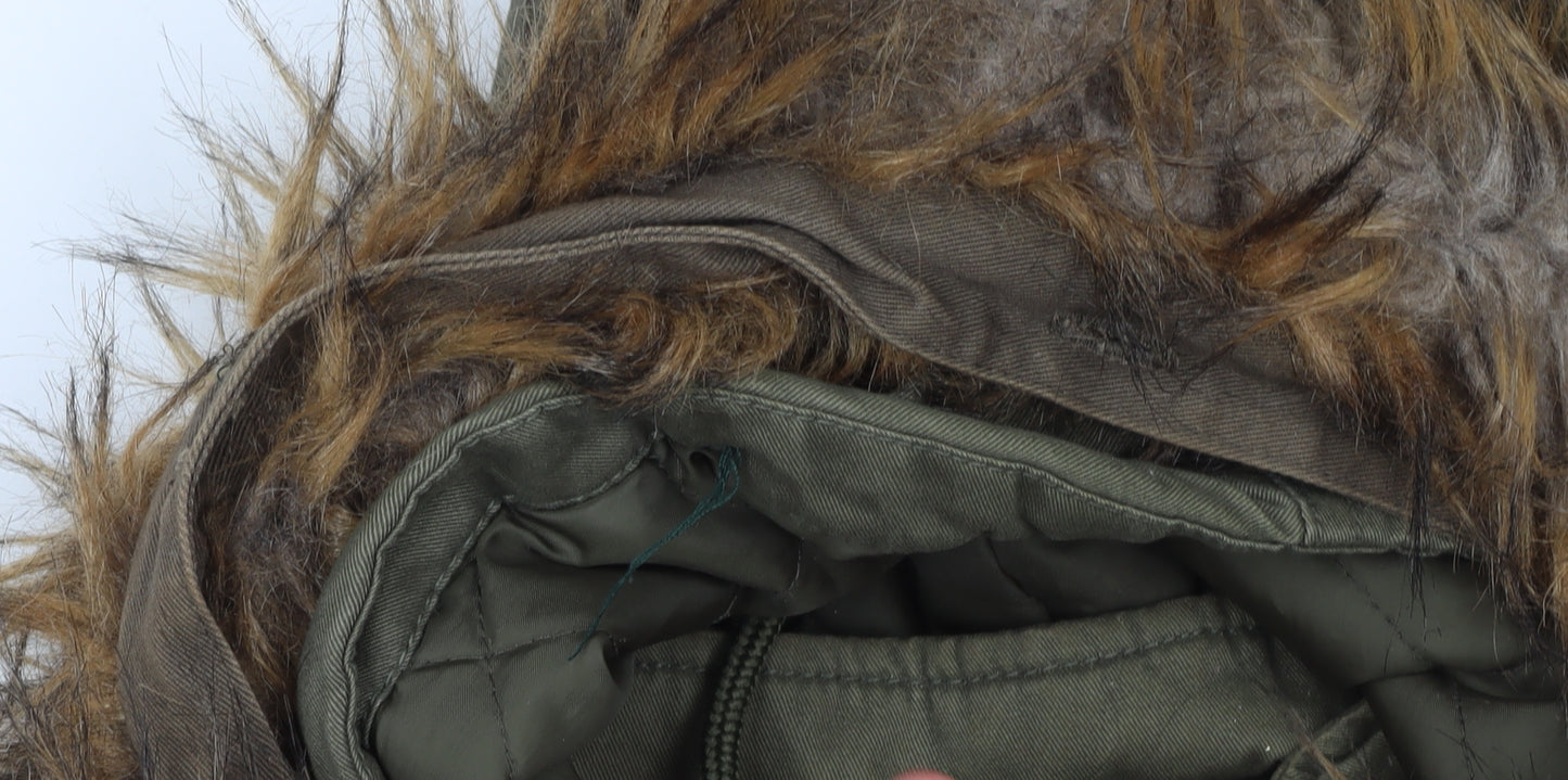 Love Label Women’s Green Hooded Parka Coat Size 8 Faux Fur Trim Lined Cotton Blend