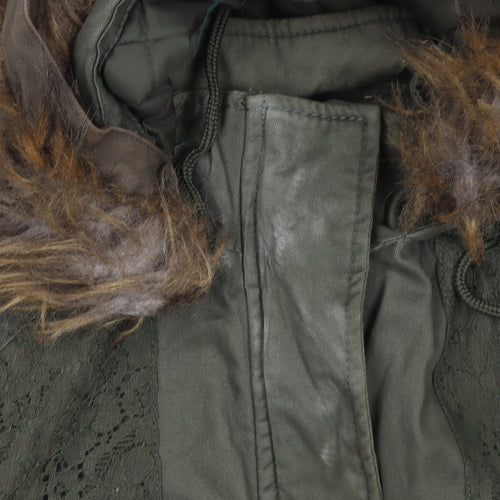 Love Label Women’s Green Hooded Parka Coat Size 8 Faux Fur Trim Lined Cotton Blend