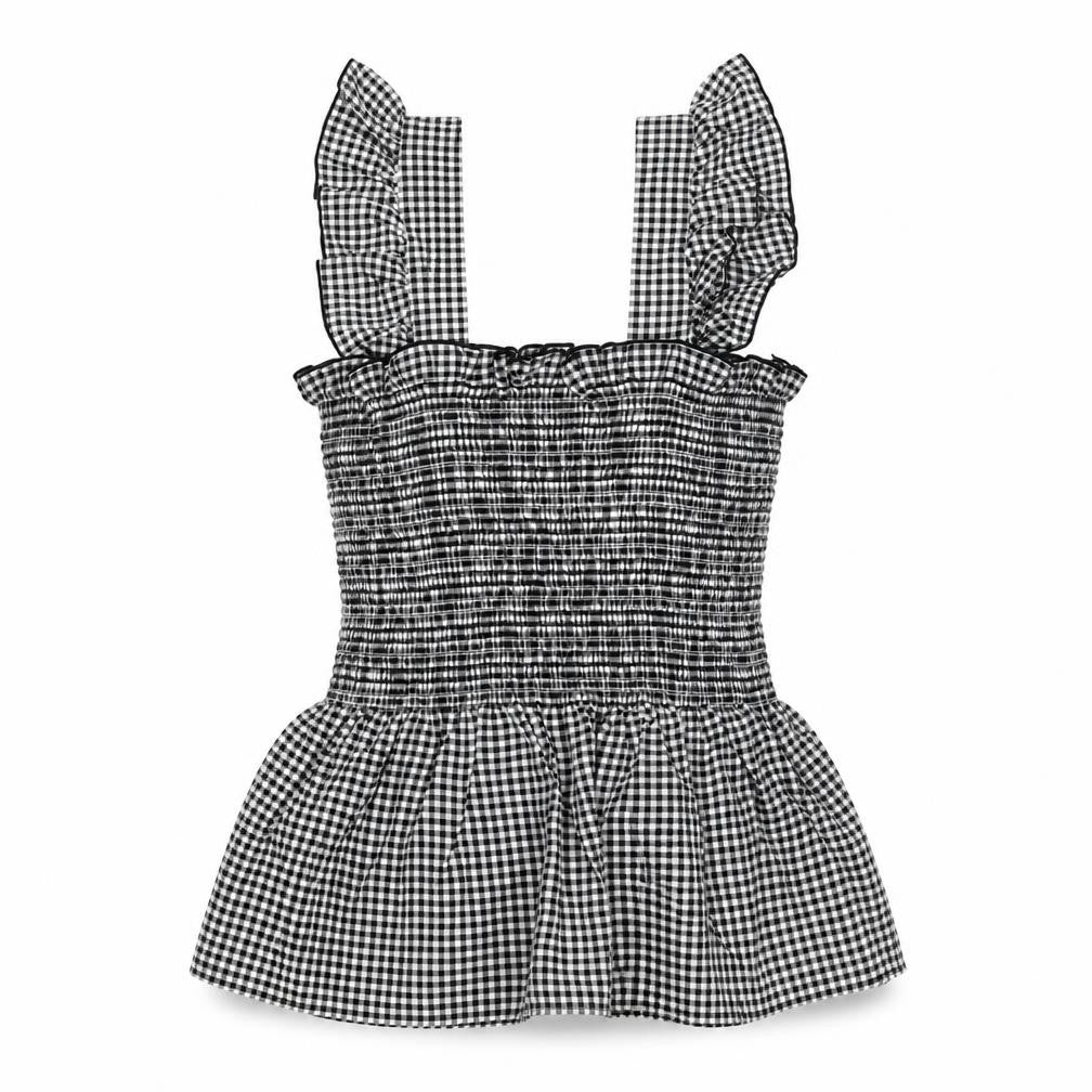 Cameo Rose Womens Black Gingham Sleeveless Smocked Peplum Top Size S