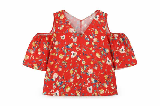 Front view of Atmosphere women’s red floral cold shoulder tunic blouse, size UK 14