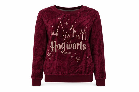 Front view of Harry Potter Women's Red Velour Hogwarts Pyjama Top XS