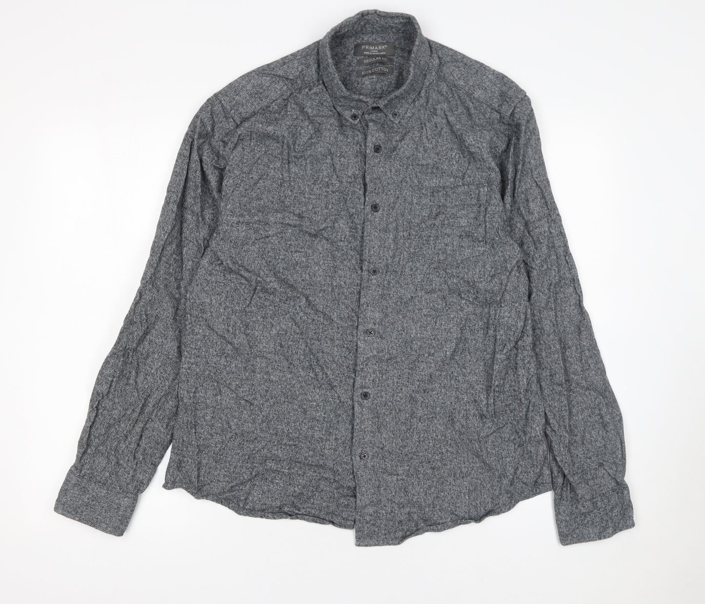 Primark Men's Grey Regular Fit Cotton Long Sleeve Button-Up Shirt Size L