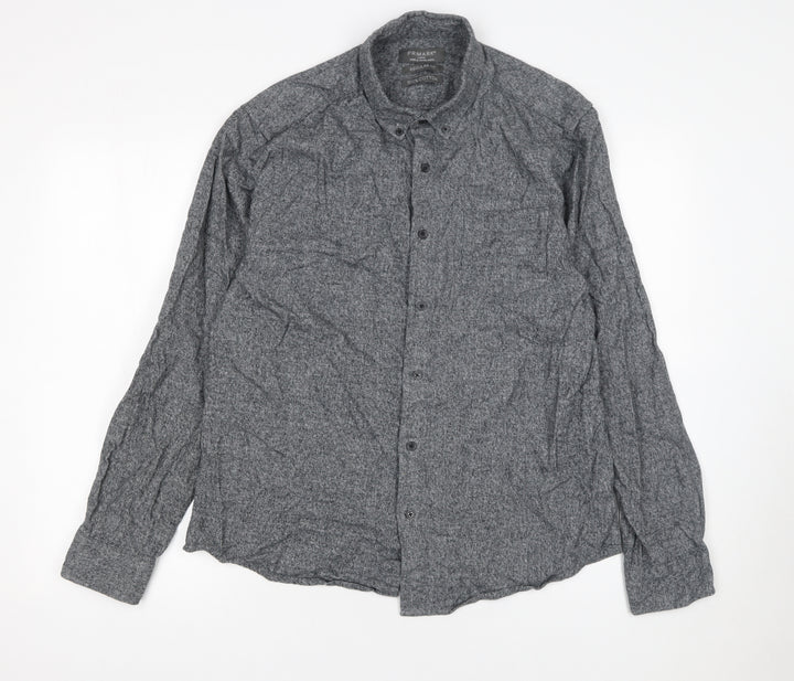 Primark Men's Grey Regular Fit Cotton Long Sleeve Button-Up Shirt Size L