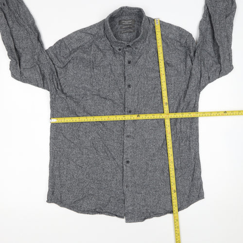 Primark Men's Grey Regular Fit Cotton Long Sleeve Button-Up Shirt Size L