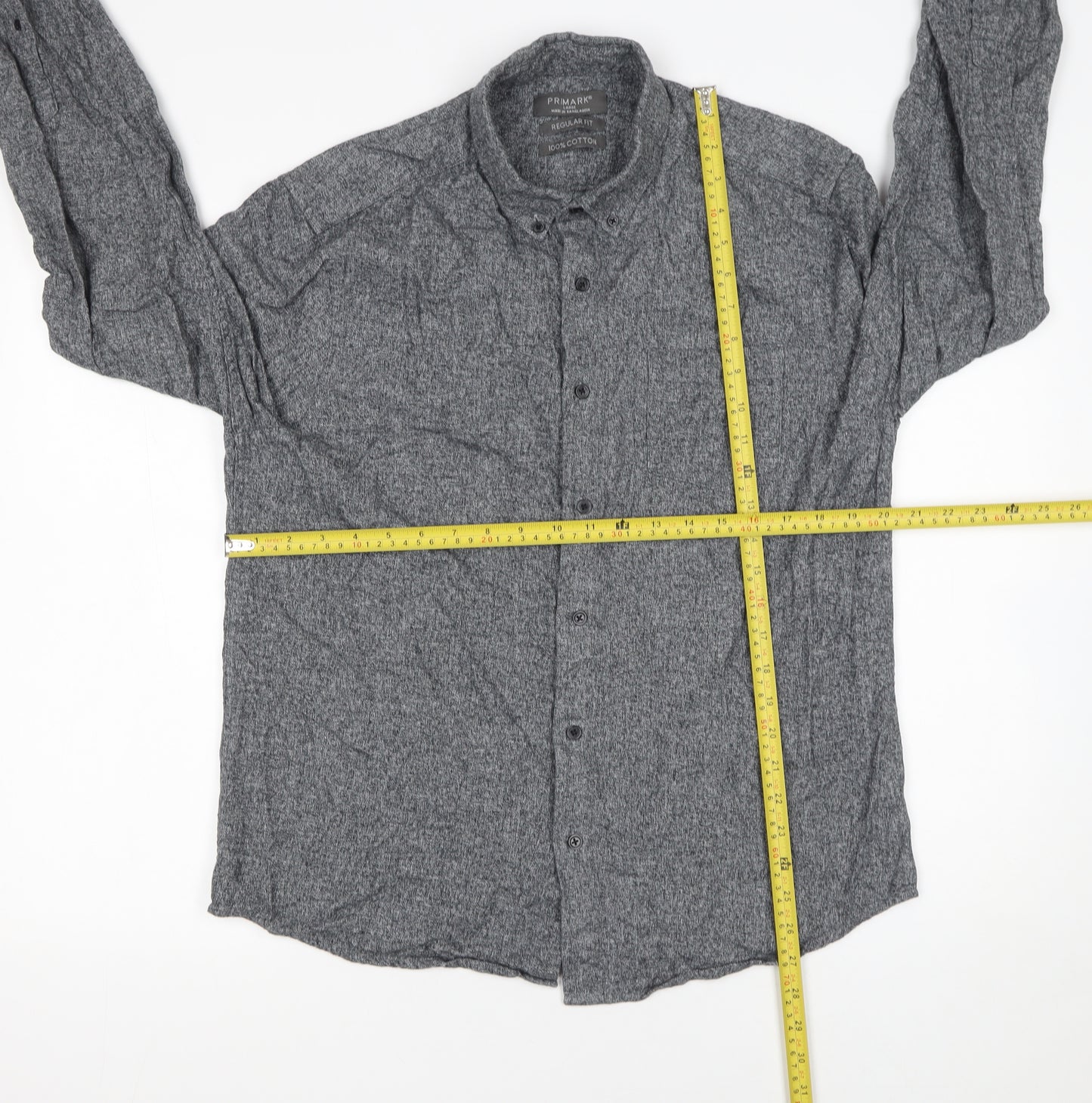 Primark Men's Grey Regular Fit Cotton Long Sleeve Button-Up Shirt Size L