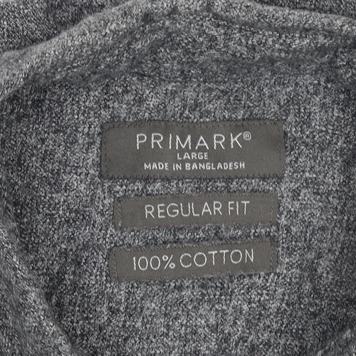Primark Men's Grey Regular Fit Cotton Long Sleeve Button-Up Shirt Size L