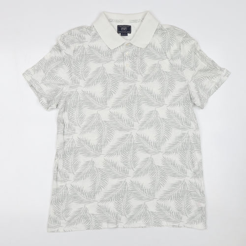 F&F Men's White Leaf Print Cotton Polo Shirt Size L Short Sleeve