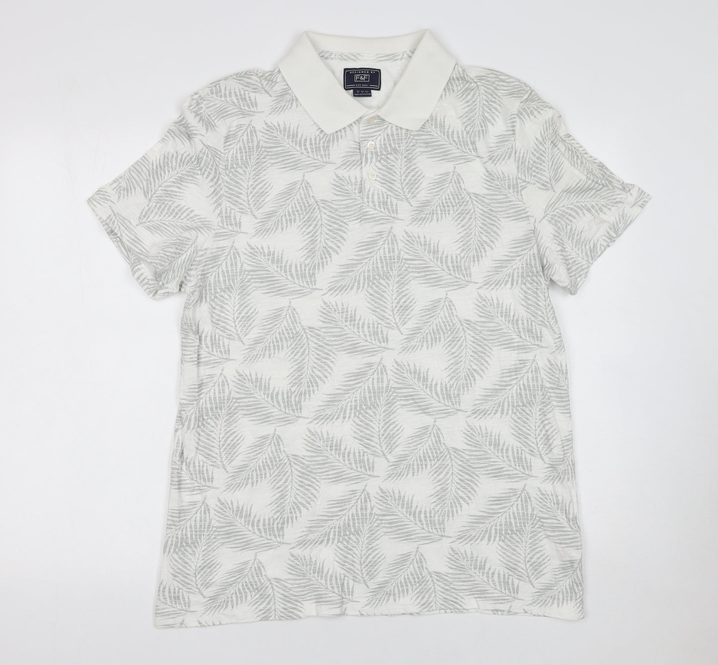 F&F Men's White Leaf Print Cotton Polo Shirt Size L Short Sleeve