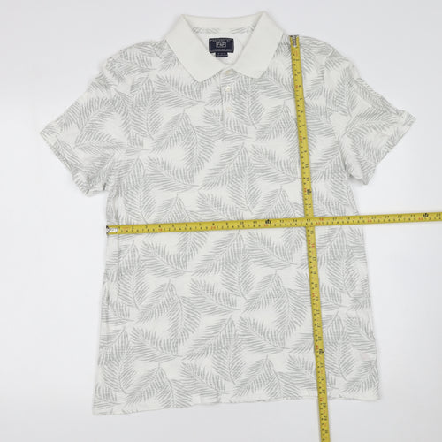 F&F Men's White Leaf Print Cotton Polo Shirt Size L Short Sleeve