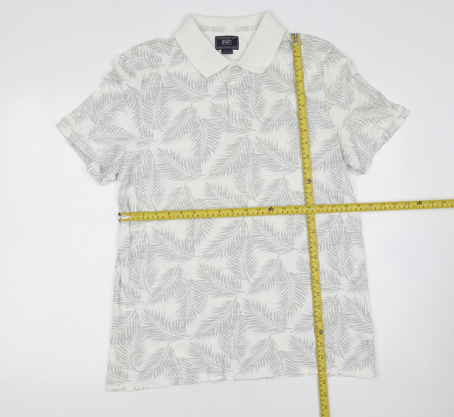 F&F Men's White Leaf Print Cotton Polo Shirt Size L Short Sleeve