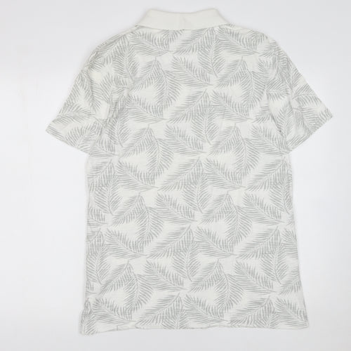 F&F Men's White Leaf Print Cotton Polo Shirt Size L Short Sleeve