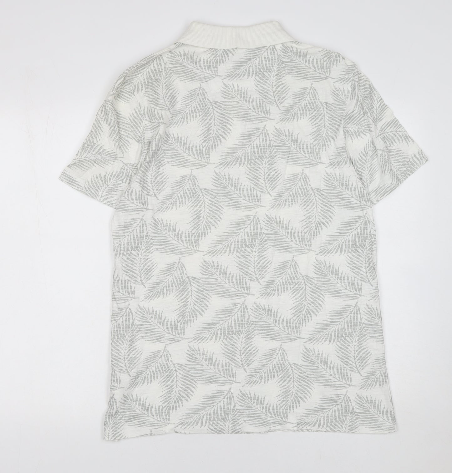 F&F Men's White Leaf Print Cotton Polo Shirt Size L Short Sleeve