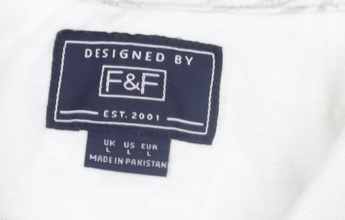 F&F Men's White Leaf Print Cotton Polo Shirt Size L Short Sleeve