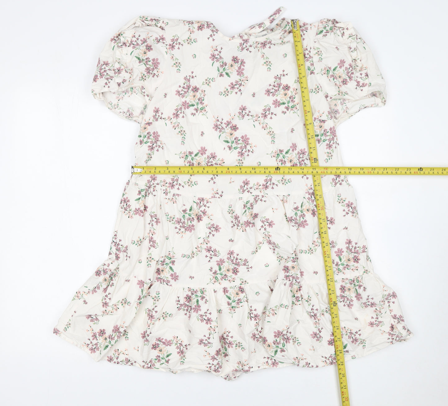 River Island Women’s Ivory Floral Short Puff Sleeve A-Line Dress UK 14