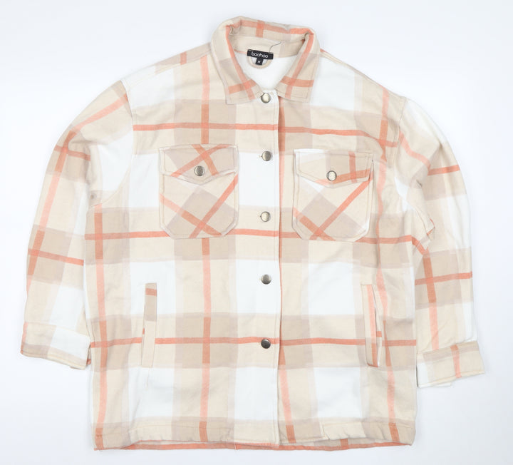 Boohoo Women Beige Checked Shacket Jacket M Long Sleeve Casual